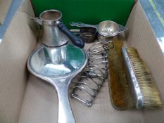 A HALLMARKED SILVER PAIR OF TOAST RACKS, A SILVER THREE PART DRESSING TABLE SET, TWO SILVER BLADE