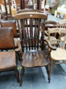 A PAIR OF STAINED WOOD KITCHEN ELBOW CHAIRS