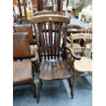 A PAIR OF STAINED WOOD KITCHEN ELBOW CHAIRS