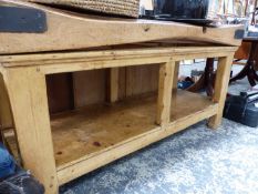 A PINE BUTCHERS BLOCK WITH SHELF UNDERTIER, W. 152 x D. 60 x H. 81cms.