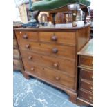 A MAHOGANY CHEST OF TWO SHORT AND THREE GRADED LONG DRAWERS ON BRACKET FEET