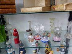 ORNAMENTAL GLASS, GLASS SHADES AND FOUR MILLEFIORE PAPERWEIGHTS