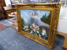 A SIGNED DECORATIVE PAINTING OF A CLASSICAL SCENE, SWEPT GILT FRAME, OIL ON CANVAS, 120 x 90cms.