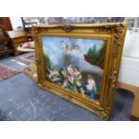 A SIGNED DECORATIVE PAINTING OF A CLASSICAL SCENE, SWEPT GILT FRAME, OIL ON CANVAS, 120 x 90cms.