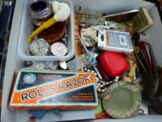 A BOX OF COLLECTABLES TO INCLUDE BADGES, A CAR BADGES, ROLLS RAZOR, MEERSHAUM PIPE, POCKET WATCH