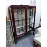 A GLAZED MAHOGANY DISPLAY CABINET ON CABRIOLE LEGS WITH BALL AND CLAW FEET. W 91 x D 36 x H 128cms.