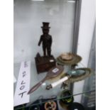 AN UNCLE SAM CAST IRON MONEY BOX, A SILVER BACKED HAIR BRUSH, A MAGNIFYING GLASS AND FOUR DISHES