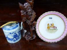 A CHINESE TEA POT , A CARVED FIGUE AND A DECORATIVE CABINET PLATE