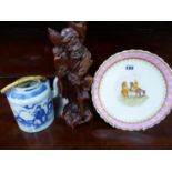 A CHINESE TEA POT , A CARVED FIGUE AND A DECORATIVE CABINET PLATE