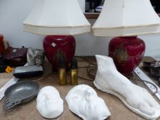 A PAIR OF DECORATIVE CLASSICAL STYLE TABLE LAMPS, FOUR PLASTER SCULPTURES, A PAIR OF TRENCH ART