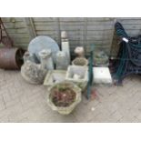 A QUANTITY OF CONCRETE PLANTERS, MILL STONE, ETC.