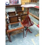 A PAIR OF MAHOGANY TRIPOD TABLES, A TRAY AND A GLASS TOPPED MAHOGANY TWO TIER TABLE