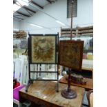 A 19th C. MAHOGANY POLE SCREEN TOGETHER WITH A FIRE SCREEN, BOTH WITH NEEDLEWORK PANELS