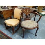 AN EDWARDIAN MARQUETRIED MAHOGANY CHAIR TOGETHER WITH A MAHOGANY SHOW FRAME ROCKING CHAIR