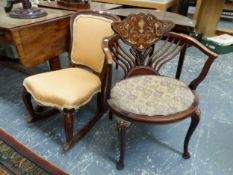 AN EDWARDIAN MARQUETRIED MAHOGANY CHAIR TOGETHER WITH A MAHOGANY SHOW FRAME ROCKING CHAIR