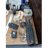 A VINTAGE KNIFE SHARPENER, DOLL PARTS, CAMERAS, IRON ROMAN NUMERALS AND SMALL ORGAN PIPES