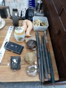 A VINTAGE KNIFE SHARPENER, DOLL PARTS, CAMERAS, IRON ROMAN NUMERALS AND SMALL ORGAN PIPES