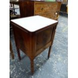 A WHITE MARBLE TOPPED MAHOGANY BEDSIDE SLATTED TAMBOUR CUPBOARD WITH A DRAWER ABOVE THE BARLEY TWIST