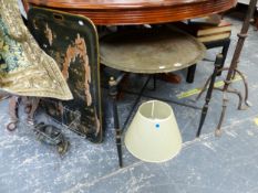 A PAIR OF IRON TRIPOD TORCHERES, A BRASS TRAY ON STAND, A TOLE TRAY, A WIRE BASKET AND AN AFRICAN