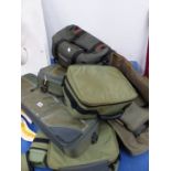 A QUANTITY OF FISHING BAGS MAINLY ORVIS EXAMPLES SHOWBEE, SIZE 9 WADERS IN BAG, ETC.