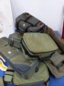 A QUANTITY OF FISHING BAGS MAINLY ORVIS EXAMPLES SHOWBEE, SIZE 9 WADERS IN BAG, ETC.