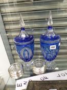 A PAIR OF BLUE OVERLAY CLEAR GLASS SWEETMEAT JARS AND COVERS TOGETHER WITH 6 STERLING SILVER MOUNTED