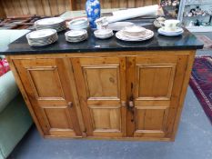 TWO BLACK LARVIKITE TOPPED PINE CUPBOARDS, ONE WITH TWO DOORS AND THE OTHER WITH THREE