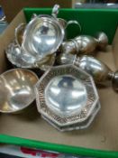 A PAIR OF HALLMARKED SILVER SIFTERS, A PAIR OF SILVER PIERCED SMALL BASKETS, A PAIR OF SMALL