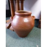 A BROWN SALTGLAZE TWO HANDLED JAR, POSSIBLY WINCHCOMBE