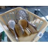 A COLLECTION OF DRESSING TABLE ACCOUTREMENTS TO INCLUDE SILVER, SILVER PLATE AND IVORY EXAMPLES.