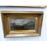 19th.C. ENGLISH SCHOOL. A LANDSCAPE WITH TRAIN IN THE BACKGROUND, OIL ON CANVAS, 19 x 39cms.