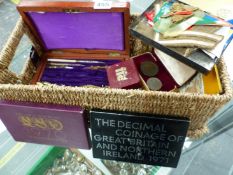 AN ANTIQUE MAHOGANY CASED DRAUGHTSMAN'S SET, A HORTICULTURAL MEDAL, VARIOUS COINS, ETC.