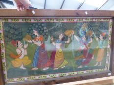 INDIAN SCHOOL. A DECORATIVE PAINTING OF FIGURES IN A LANDSCAPE, 58 x 104cms.