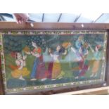 INDIAN SCHOOL. A DECORATIVE PAINTING OF FIGURES IN A LANDSCAPE, 58 x 104cms.