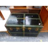 A GREEN AND BLACK BRASS STUDDED TRUNK. L. 92 x D. 54 x H. 60cms