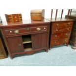 A MAHOGANY SIDE CABINET WITH A DRAWER OVER A SHELVED TAMBOUR CUPBOARD TOGETHER WITH A MAHOGANY