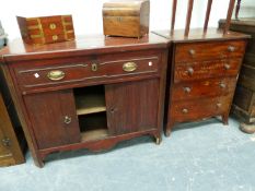 A MAHOGANY SIDE CABINET WITH A DRAWER OVER A SHELVED TAMBOUR CUPBOARD TOGETHER WITH A MAHOGANY