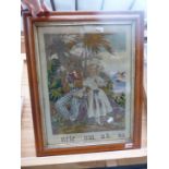 AN ANTIQUE NEEDLEPOINT PANEL, UNCLE TOM AND EVA, IN A MAPLE FRAME. 48 x 36cms.