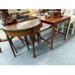 A MAHOGANY RECTANGULAR TABLE TOGETHER WITH A MAHOGANY DEMILUNE GAMES TABLE OPENING ON A DRAW OUT