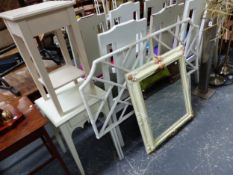 TWO BEDSIDE TABLES. A SHELL MOUNTED RECTANGULAR MIRROR AND A CANE BOUND DOUBLE BED HEAD