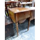 A FRUIT WOOD FLAP TOP SEWING TABLE, TWO DRAWERS AND A WOODEN WORK BAG ABOVE THE SPIRAL TURNED LEGS