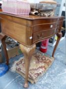 A VINTAGE MAHOGANY SERPENTINE CUTLERY CANTEEN CABINET ON CABRIOLE LEGS.