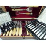 OAK CASED SET OF TWELVE PAIRS OF FISH CUTLERY, SIX DESSERT KNIVES AND FORKS, TWELVE MOTHER OF PEAR