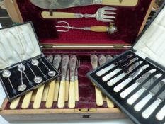 OAK CASED SET OF TWELVE PAIRS OF FISH CUTLERY, SIX DESSERT KNIVES AND FORKS, TWELVE MOTHER OF PEAR