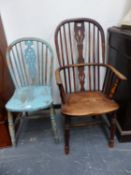 AN ANTIQUE WINDSOR ARMCHAIR TOGETHER WITH A BLUE PAINTED LATER SIDE CHAIR.