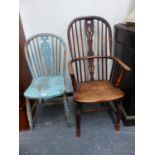 AN ANTIQUE WINDSOR ARMCHAIR TOGETHER WITH A BLUE PAINTED LATER SIDE CHAIR.