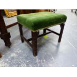 A 19th C. MAHOGANY STOOL, THE GREEN VELVET SEAT ON BLIND FRET CARVED LEGS