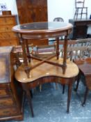 A MAHOGANY KIDNEY SHAPED SIDE TABLE WITH SINGLE DRAWER TOGETHER WITH A GLASS TOPPED MAHOGANY