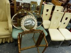 A PAIR OF OVAL MIRRORS IN GILT AND WHITE FRAMES, A CONVEX MIRROR, A GILT FRAMED 3-FOLD MIRROR AND