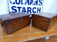 A VICTORIAN WORK BOX, AND A ROSEWOOD TEA CADDY.